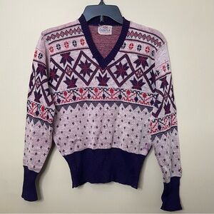 Vintage Campus Sweater Size Small V-Neck 50s Fair Isle 100% Virgin Wool